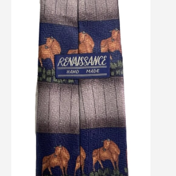 Renaissance Hand Made Tie Classic Cut Blue/Brown/White Cash Cow 100% Polyester - Picture 3 of 4